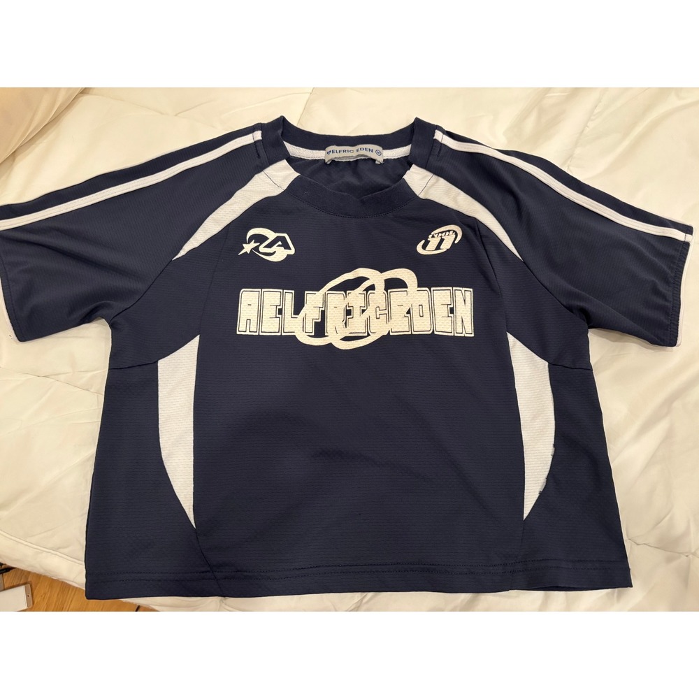 Aelfric Eden Navy Blue White Soccer Jersey Crop Top Blockette Core Y2K Graphic